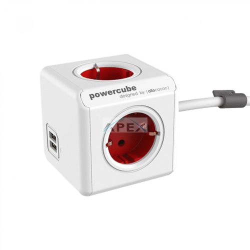 HOME 1402RD/DEEUPC - PowerCube Extended hálózati hosszabbító, 4 dugalj + 2 USB, 1,5m, fehér-piros