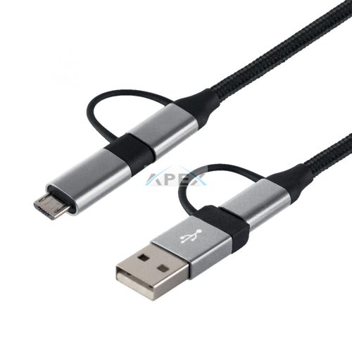 USE USB MULTI - Home USB MULTI 4in1 töltőkábel, USB-C, microUSB, USB-A, QC, PD, szőtt nejlon, 480 Mbps, 60Wmax, 1,5m vezeték