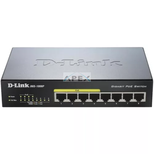 D-LINK Switch 8x1000Mbps (4xPOE) Menedzselhető Fémházas Asztali, DGS-1008P/E
