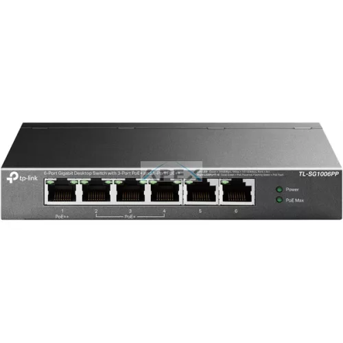 TP-LINK Switch 6x1000Mbps(3xPOE+ + 1xPOE++) Fémházas Asztali, TL-SG1006PP