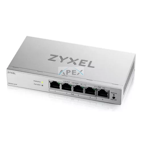 ZYXEL Switch 5x1000Mbps (4xPOE+), Fémházas Asztali, GS1200-5HPV3-EU0101F