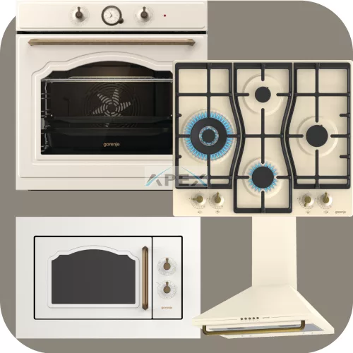 Gorenje Classico BOS67372CLI hőlégkeveréses sütő + GW6D42CLI gáz főzőlap + BM235CLI grilles mikrohullámú sütő + WHC63CLI Kürtős páraelszívó bézs színben
