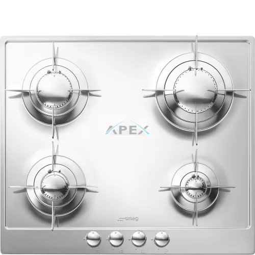 SMEG GÁZ FŐZŐLAP,Piano ,60 cm,3 normál+1 3,0 kW-os wok égő,fényes rozsdamentes acél,ezüst vezérlőgombok