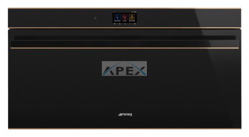 SMEG PIROLITIKUS HŐLÉGKEVERÉSES SÜTŐ, Dolce Stil Novo design, 90x47,5 cm, TFT, fekete üveg, réz dísz