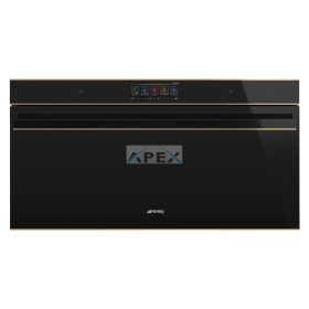   SMEG PIROLITIKUS HŐLÉGKEVERÉSES SÜTŐ, Dolce Stil Novo design, 90x47,5 cm, nagy TFT, fekete üveg, réz dísz