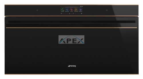 SMEG PIROLITIKUS HŐLÉGKEVERÉSES SÜTŐ, Dolce Stil Novo design, 90x47,5 cm, nagy TFT, fekete üveg, réz dísz