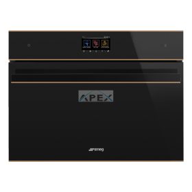   SMEG KOMPAKT KOMBINÁLT MIKROHULLÁMÚ SÜTŐ, Dolce Stil Novo design, Galileo, 45 cm, TFT, fekete üveg, réz dísz