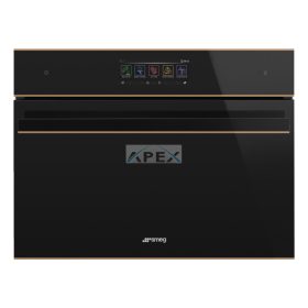   SMEG KOMPAKT KOMBINÁLT MIKROHULLÁMÚ SÜTŐ, Dolce Stil Novo design, Galileo, 45 cm, nagy TFT, fekete üveg, réz dísz