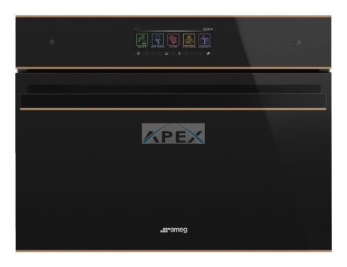 SMEG KOMPAKT KOMBINÁLT MIKROHULLÁMÚ SÜTŐ, Dolce Stil Novo design, Galileo, 45 cm, nagy TFT, fekete üveg, réz dísz
