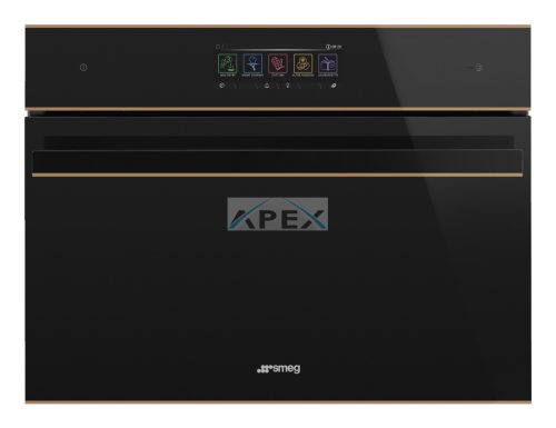 SMEG KOMPAKT KOMBINÁLT PIROLITIKUS GŐZSÜTŐ, Dolce Stil Novo design, Galileo, 45 cm, nagy TFT, fekete üveg, réz dísz