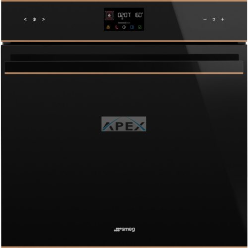 SMEG PIROLITIKUS HŐLÉGKEVERÉSES SÜTŐ, Dolce Stil Novo design, Galileo, 60 cm, ES LCD, fekete üveg, réz dísz