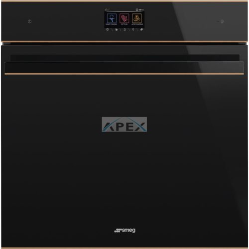 SMEG PIROLITIKUS HŐLÉGKEVERÉSES SÜTŐ, Dolce Stil Novo design, Galileo, 60 cm, TFT, fekete üveg, réz dísz