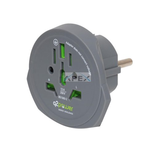 Q2POWER 1.100100-TH utazóadapter, World to Europe, bemeneti feszültség: 100-250 V, 16 A, teljesítmény: 100V-1600W/250V-4000W