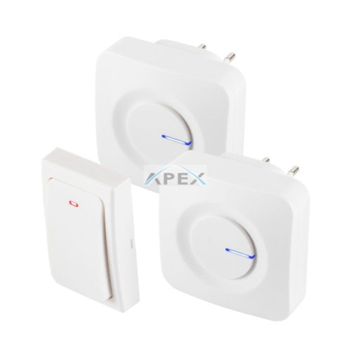 HOME DBKS1001AC vezeték és elem nélküli csengő készlet, 1x nyomógomb + 2x csengő, 100m hatótáv, 36 dallam, szabályozható hangerő, IP44, fényjelzés, kinetikus nyomógomb