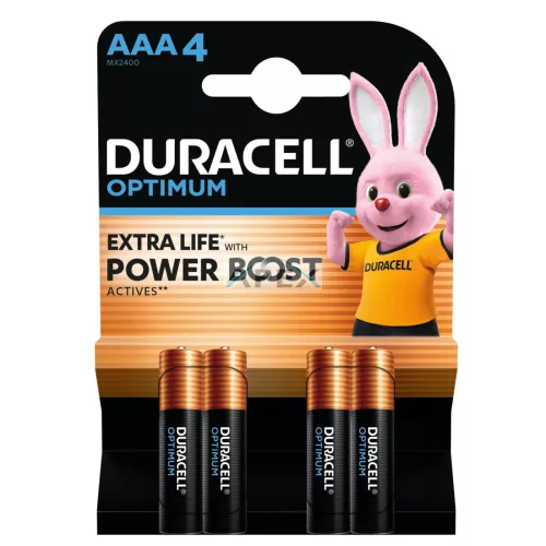 Duracell OPTIMUM LR03 10PP110050 AAA alkáli elem, 1,5 V feszültség, kiemelkedő teljesítmény, 4db/bliszter