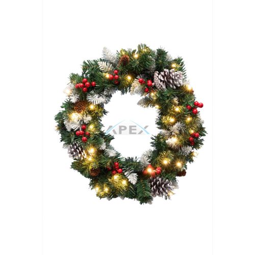 HOME KMK45LED LED-es műkoszorú, 45 cm, 35 db melegfehér LED, 8 programos, időzítés, 2D tűlevél, elemes tápellátás, beltéri kivitel