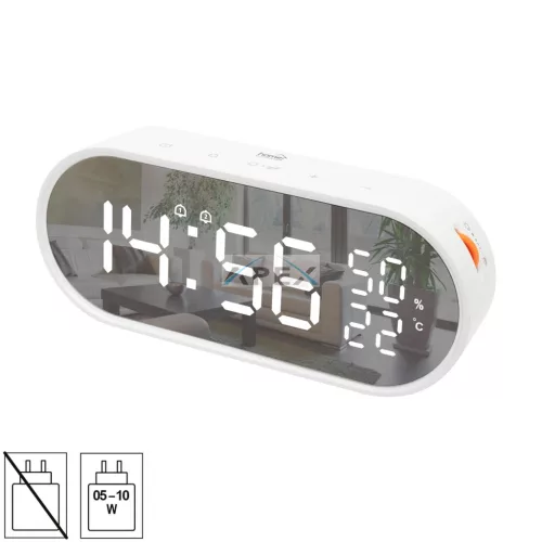 HOME LTC06 ébresztőóra, USB töltőkimenet, fehér kijelző, két ébresztési időpont, hőmérséklet és páratartalom mérés