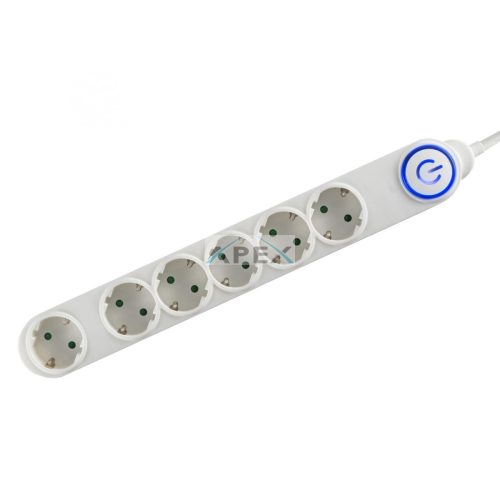 Home NV 06TK/WH talpkapcsolós elosztó világító kapcsolóval, 1,5 m, H05VV-F 3G1,0 mm2 kábel, 6 aljzat gyermekvédelemmel, max. 3500W, fehér