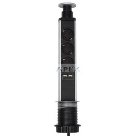   Home NVE 3/USB süllyesztett elosztó USB töltőaljzatokkal, 1,4 m, 3 földelt aljzat gyermekvédelemmel, asztalba, munkalapba építhető, süllyeszthető, max. 3680 W