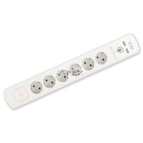   Home NVT 06K USB/WH túlfeszültség védett hálózati elosztó, 1,4 m, kapcsolós, H05VV-F 3G1,5 mm2 kábel, 6 aljzat, max. 3680W, falra akasztható, USB töltőaljzatok
