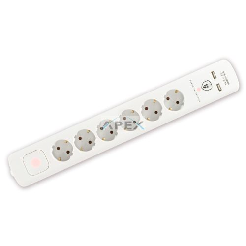 Home NVT 06K USB/WH túlfeszültség védett hálózati elosztó, 1,4 m, kapcsolós, H05VV-F 3G1,5 mm2 kábel, 6 aljzat, max. 3680W, falra akasztható, USB töltőaljzatok