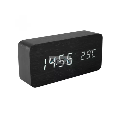 Home OC 04 digitális LED ébresztőóra, valódi faburkolat, tapsra aktiválható fehér kijelző, dátum és hőmérséklet kijelzés, elemes vagy hálózati tápellátás