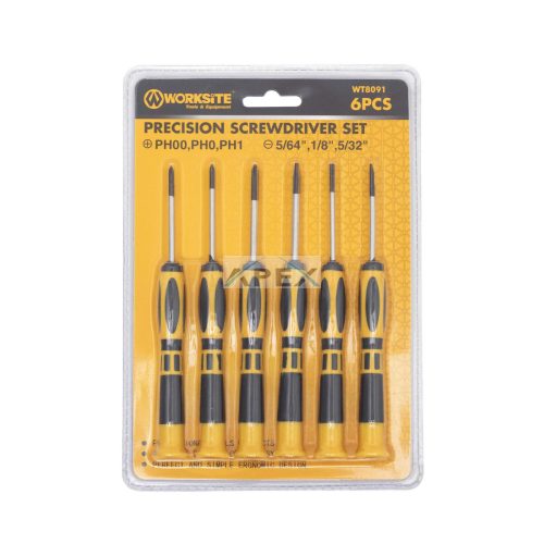 WORKSITE WT8091 műszerész csavarhúzó készlet, 6db, lapos és Phillips csillag fejek, precíziós feladatokhoz