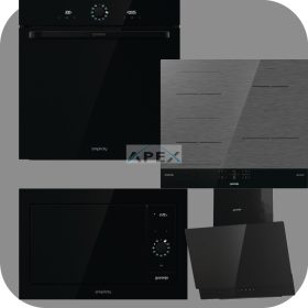   Gorenje Simplicity BOS6737SYB hőlégkeveréses sütő + GI6421SYB indukciós főzőlap + BM235G1SYB grilles mikrohullámú sütő + WHI649EB Döntött fali páraelszívó fehér színben