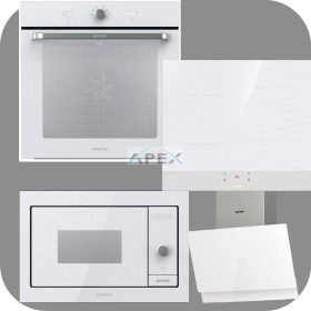   Gorenje Simplicity BOS6737SYW hőlégkeveréses sütő + GI6421SYW indukciós főzőlap + BM235G1SYW grilles mikrohullámú sütő + WHI649EXGW Döntött fali páraelszívó fehér színben