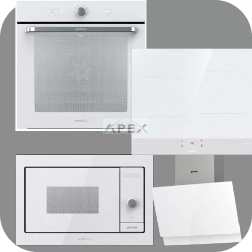 Gorenje Simplicity BOS6737SYW hőlégkeveréses sütő + GI6421SYW indukciós főzőlap + BM235G1SYW grilles mikrohullámú sütő + WHI649EXGW Döntött fali páraelszívó fehér színben