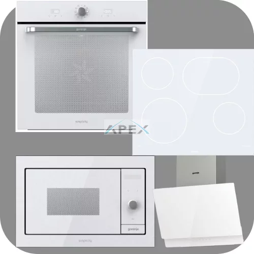 Gorenje Simplicity BOS6737SYW hőlégkeveréses sütő + ECT643SYW üvegkerámia főzőlap + BM235G1SYW grilles mikrohullámú sütő + WHI649EXGW Döntött fali páraelszívó fehér színben